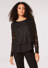 Sequin Chiffon Layered Knit Top, Black, large