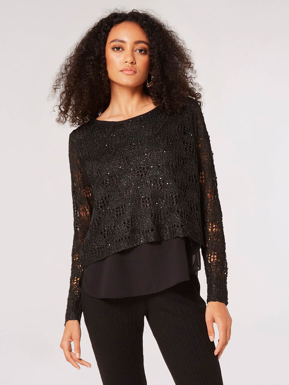 Sequin Chiffon Layered Knit Top, Black, large