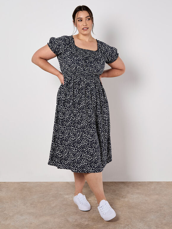 Brush Spot Milkmaid Midi Dress, Navy, large