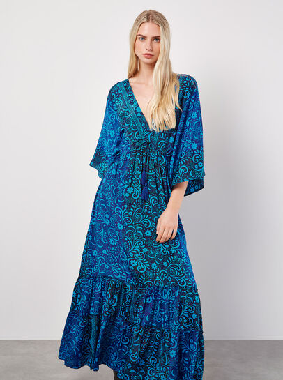 Floral Satin Kimono Kaftan Maxi Dress