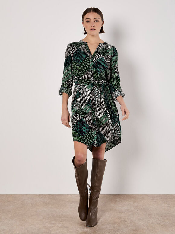 Geo Patchwork Shirt Mini Dress, Green, large