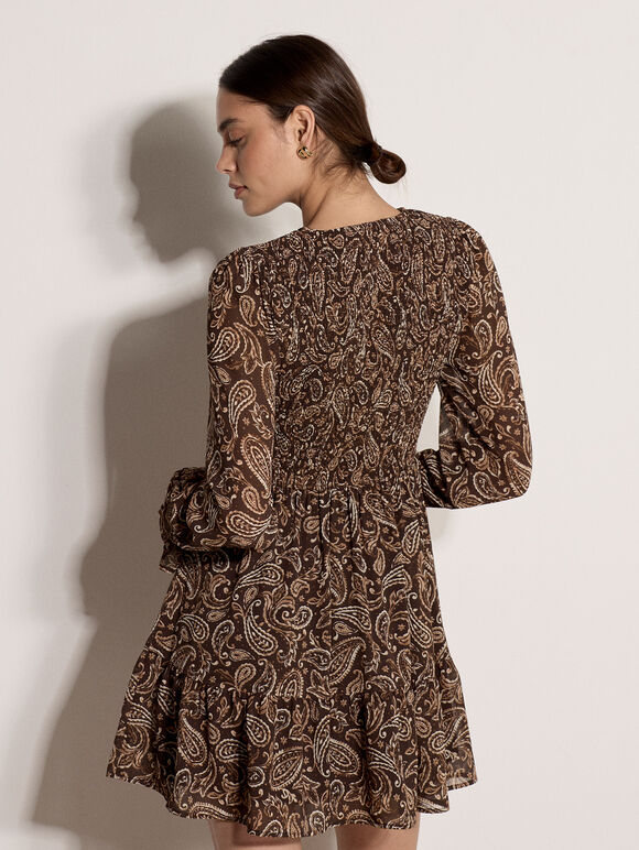 Paisley Chiffon Mini Dress, Brown, large
