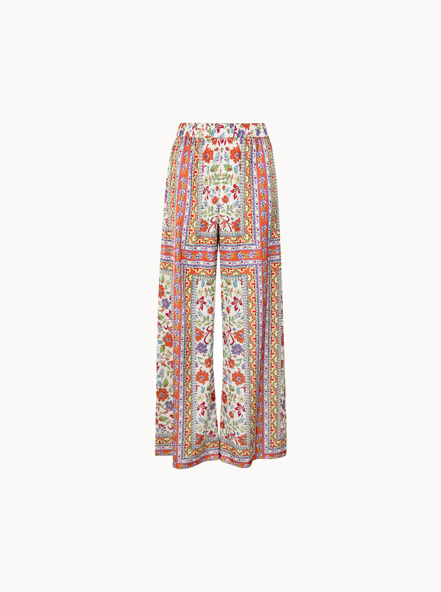 Floral Scarf Print Satin Wide-Leg Trousers, Orange, large