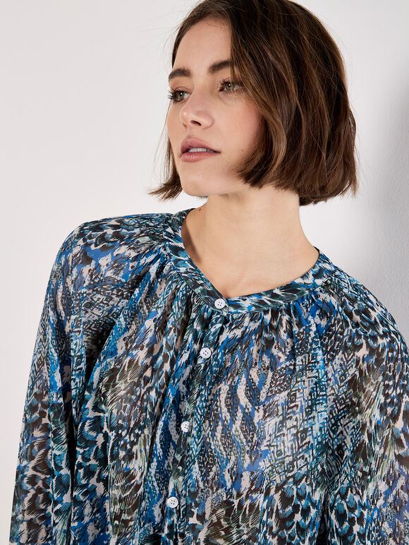 Patchwork Feather Print Chiffon Top, Green, large