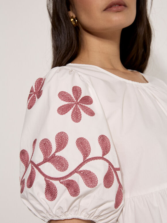 Floral Embroidered Peplum Top, Cream, large