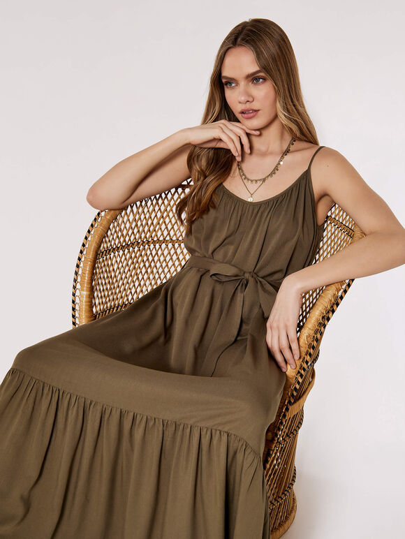 Twill Cami Maxi Dress, Khaki, large