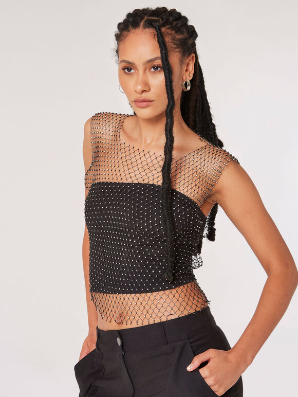Rhinestone Mesh Tank Top, Black, large