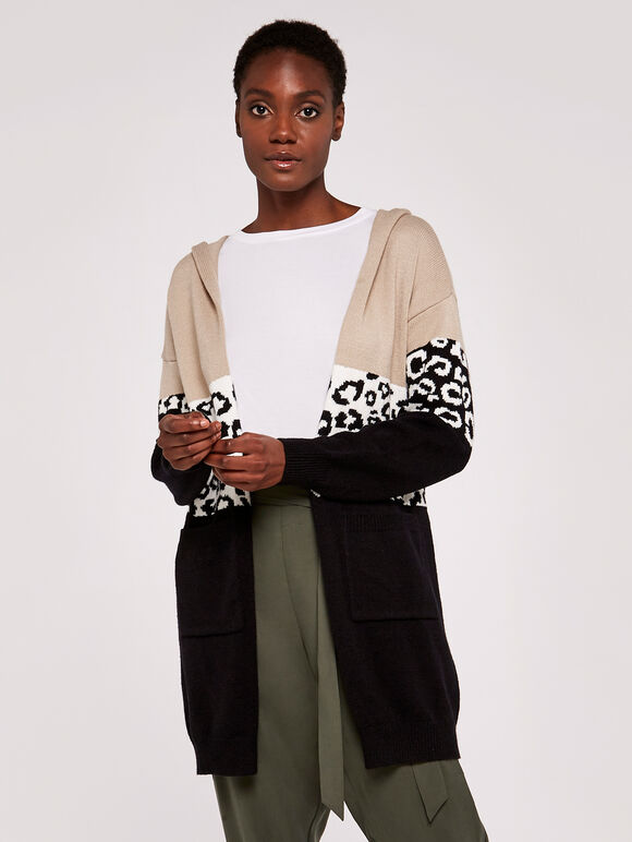 Animal Colour Block Hooded Cardi, Stone, large