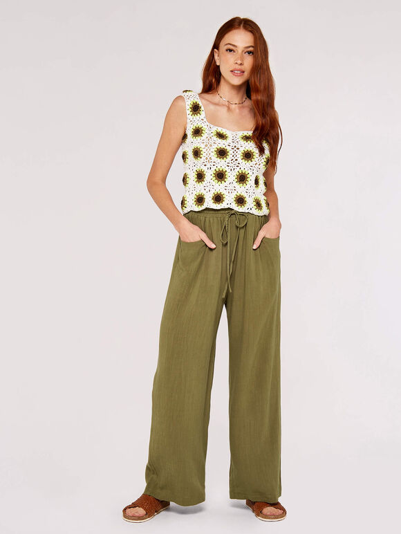 Linen Wide Leg Trousers, Khaki, large