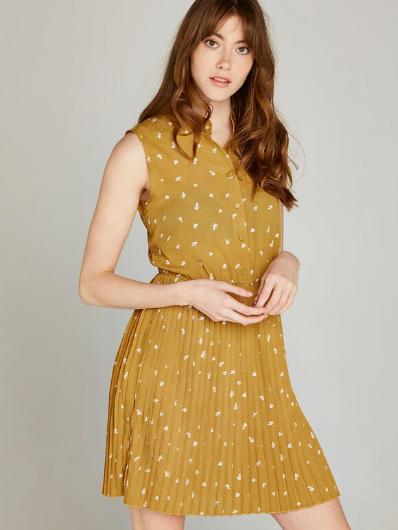 Yellow Floral Pleated Dress, Mustard, large