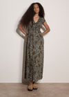 Rustic Leaf Print Smocked Maxi Dress, Green, large