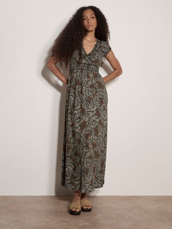 Rustic Leaf Print Smocked Maxi Dress, Green, large