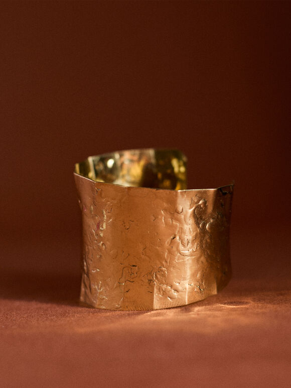 Gold Tone Hammered Brass Cuff Bracelet, Gold, large