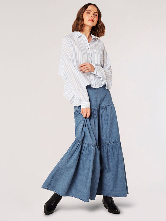 Cotton Stripe Cropped Ruffle Shirt, White, large