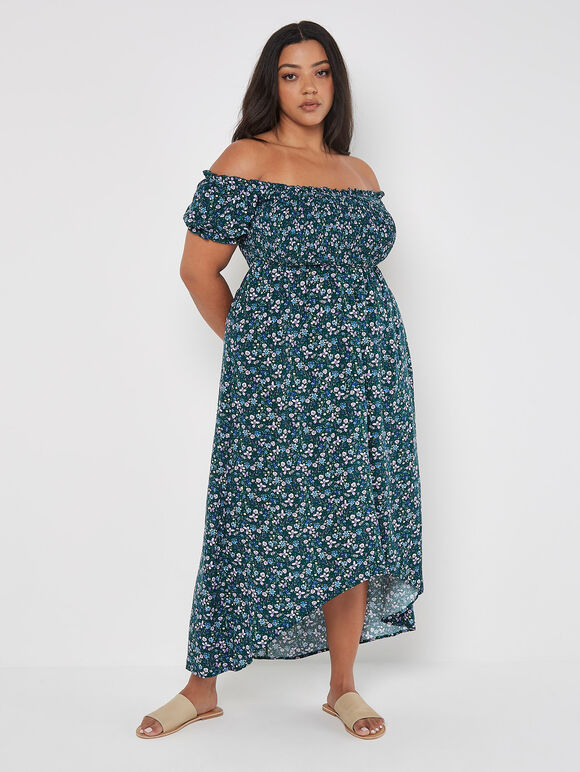 Curve Ditsy Floral Bardot Midi Dress, Green, large