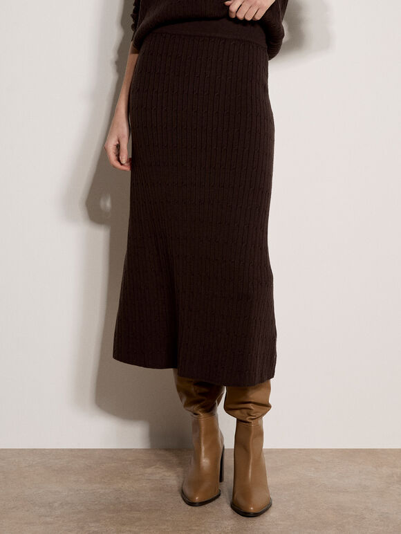 Fine Knit Cable Midi Skirt, Brown, large