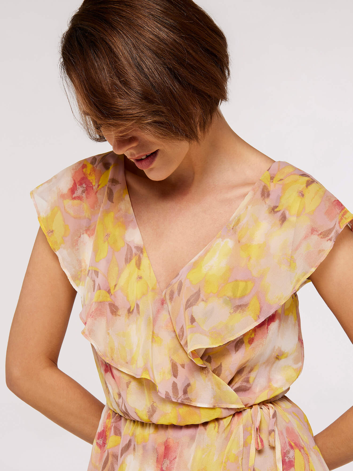 Floral Ruffle Wrap Dress Apricot Clothing