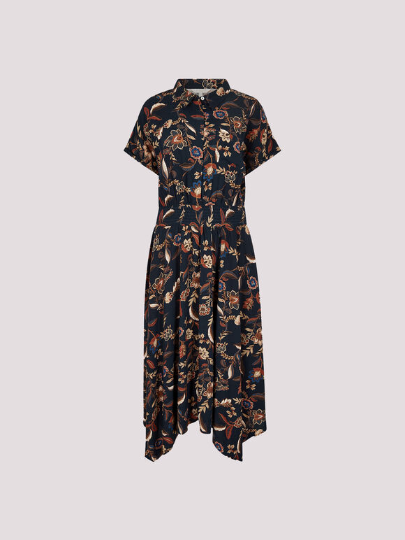 Sarasa Floral Shirt Midi Dress, Navy, large