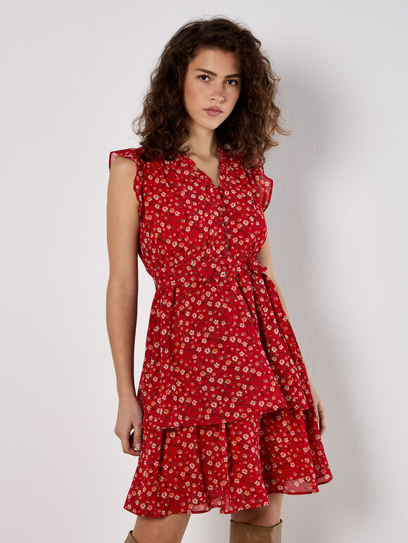 Ditsy Floral Chiffon Mini Dress, Red, large