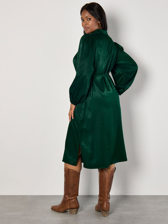 Curve Satin Shirt Midi Dress, Green, large
