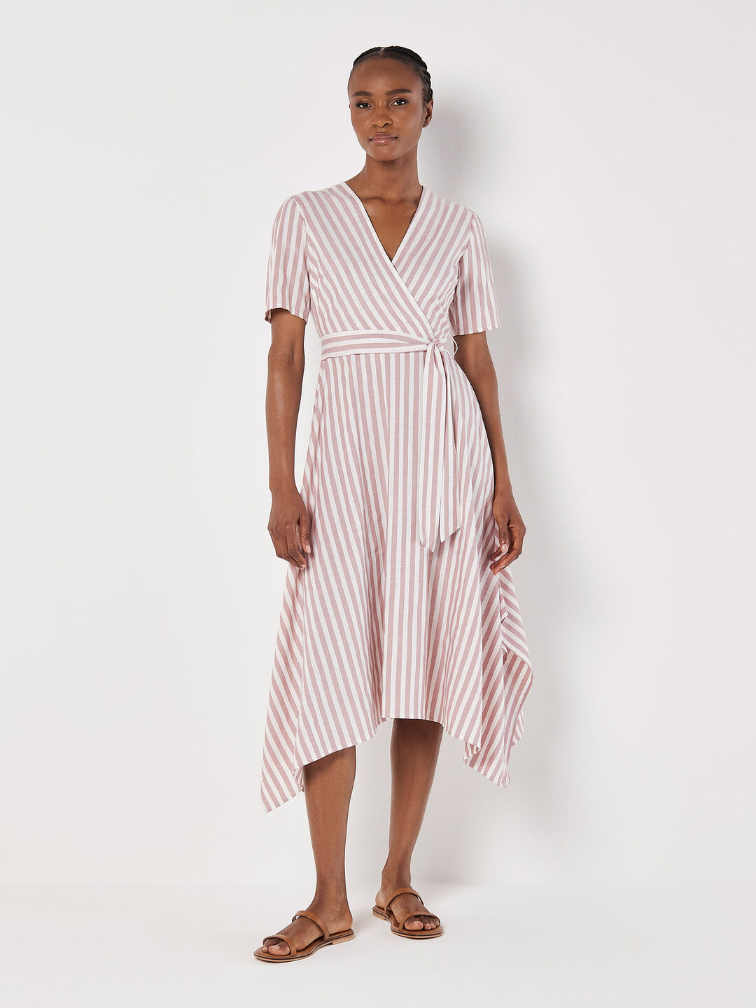 Image of Stripe Wrap Hanky Hem Midi Dress