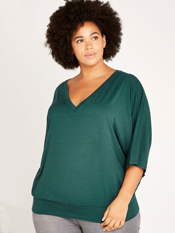 V-Neck Gathered Waistband Top+, Green, large