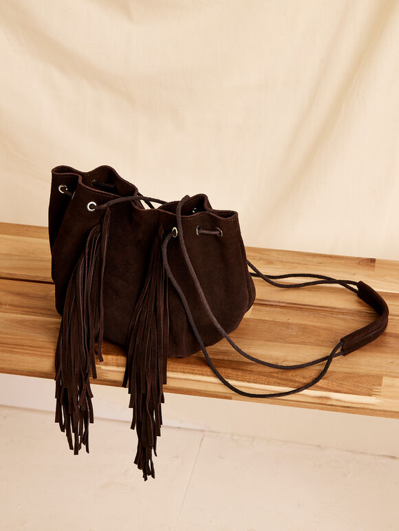 Fringe Suede Bag, Brown, large