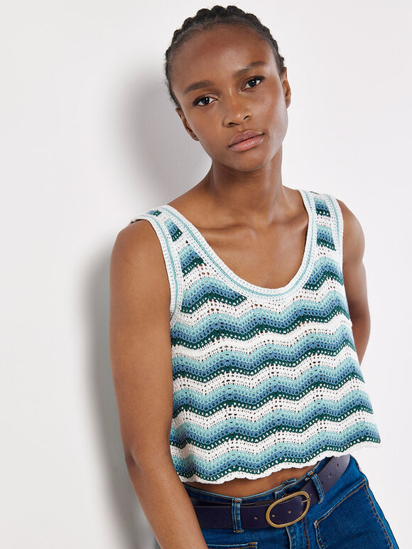 Chevron Crochet Crop Top, Aqua - Turquoise, large