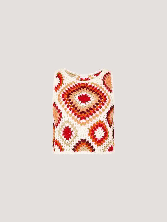 Diamond Crochet Crop Vest Top, Red, large