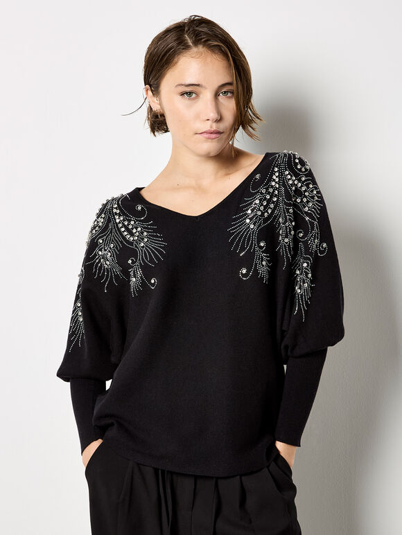 Diamante Feather Jumper, Black, large