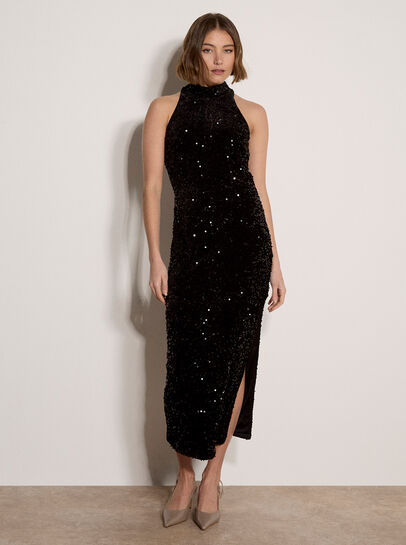 Velvet Sequin Halter Neck Maxi Dress
