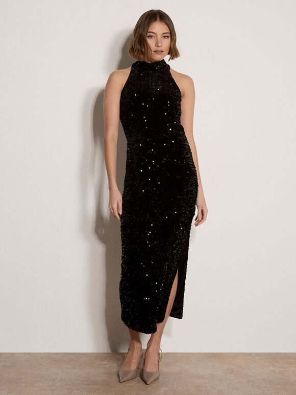 Velvet Sequin Halter Neck Maxi Dress, Black, large