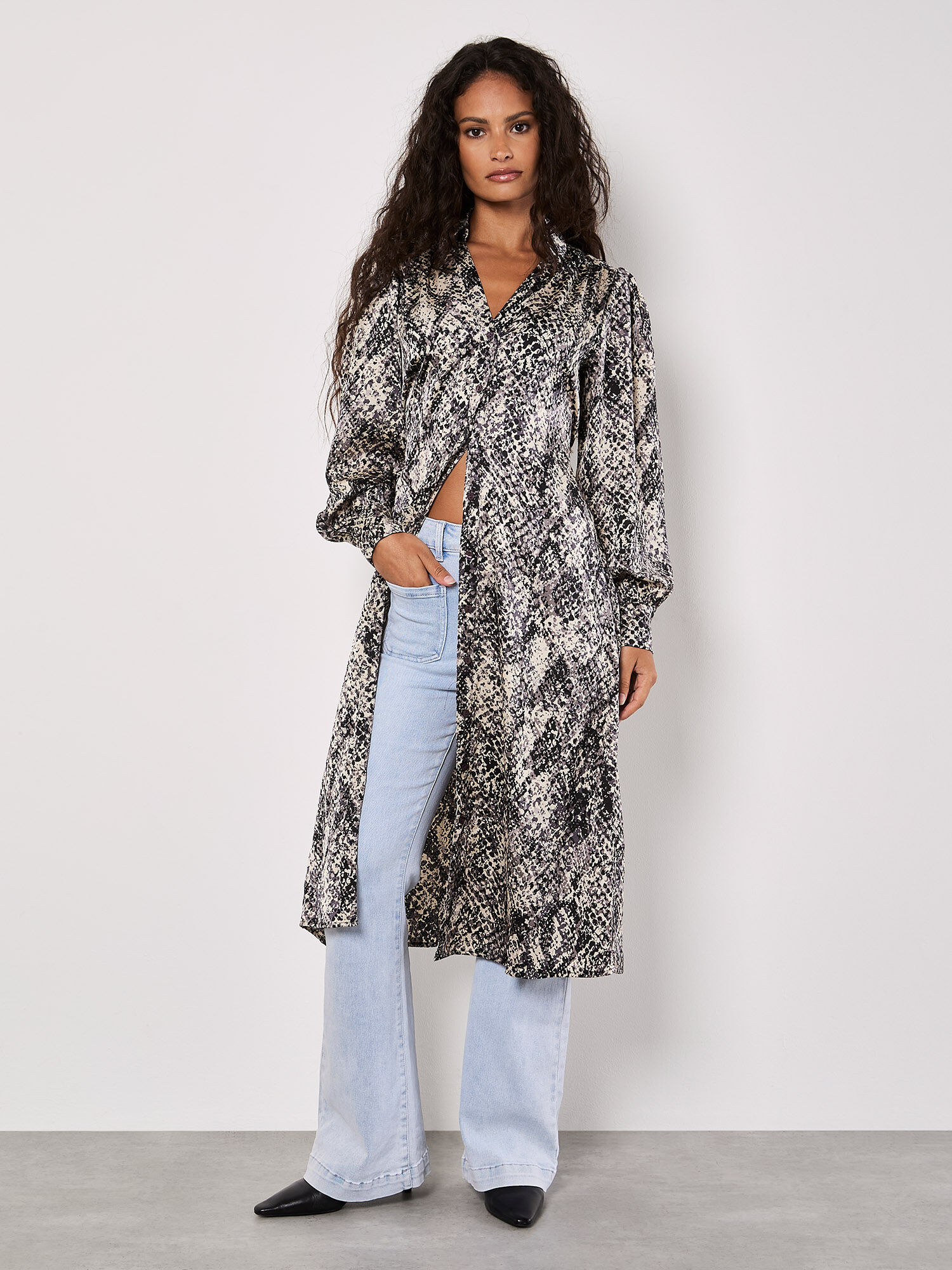 Snakeskin Print Satin Shirt Midi Dress Apricot Clothing