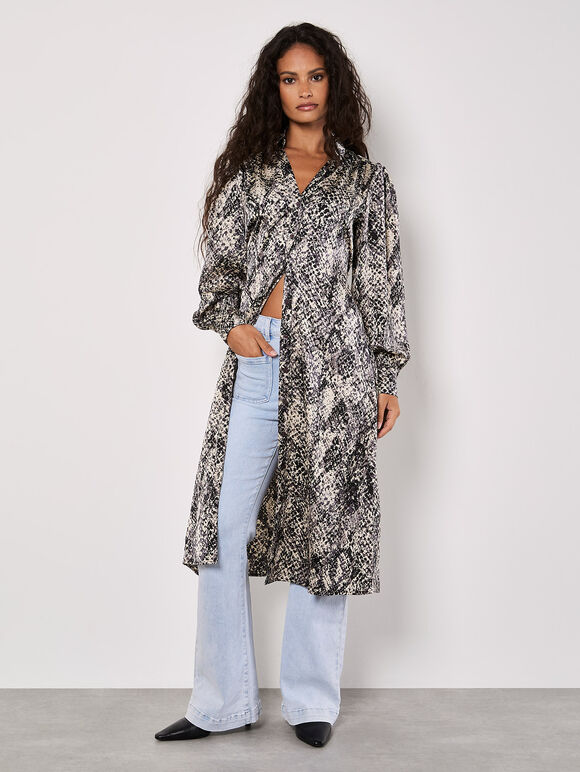 Snakeskin Print Satin Shirt Midi Dress, Grey, large