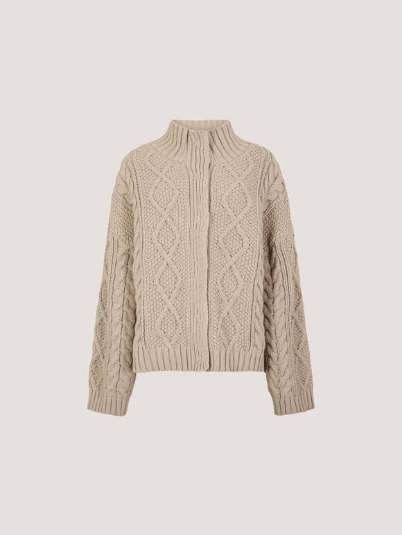 Chunky Cable Knit Cardigan, Stone, large