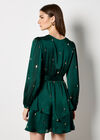 Sequin Spot Satin Wrap Mini Dress, Green, large