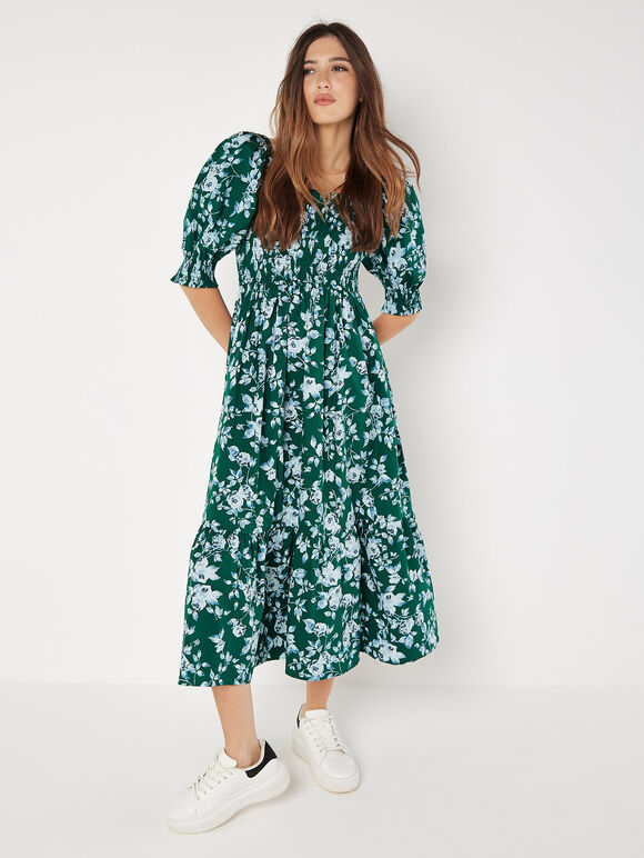 Rose Cotton Milkmaid Midaxi Dress, Green, large