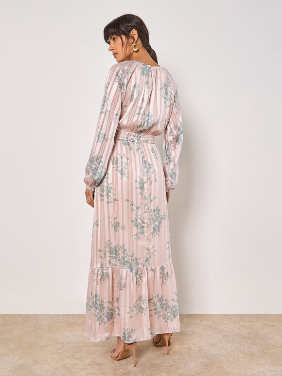 Silhouette Floral Satin Shimmer Maxi Dress, Stone, large