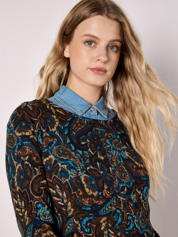 Jersey Knit Paisley Mini Dress, Navy, large