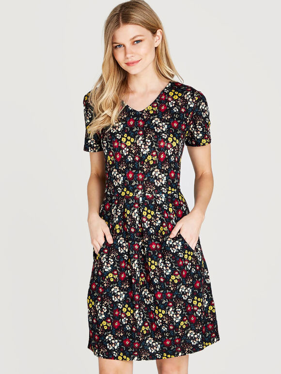 Black Ditsy Floral Print Dress, Black, large