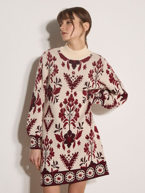 Folk Floral Mini Jumper Dress, Stone, large