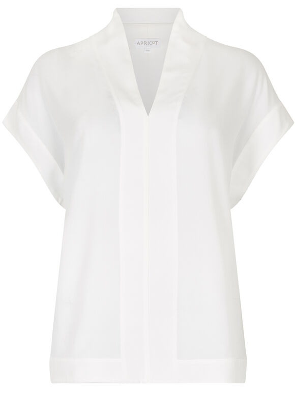 Cream High Collar Border V Neck Top, Cream, large