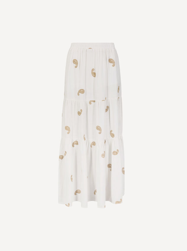 Paisley Embroidery Linen Blend Tiered Maxi Skirt, Cream, large