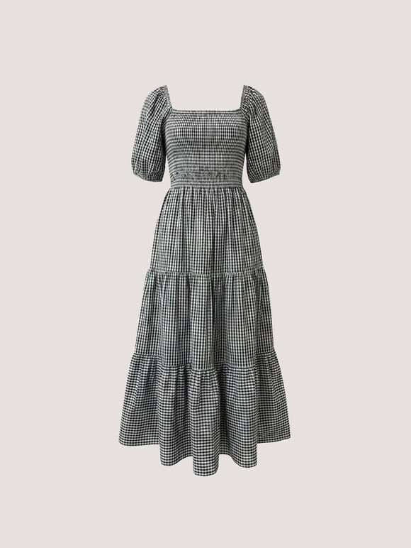 Cotton Gingham Milkmaid Midaxi Dress, Black, large