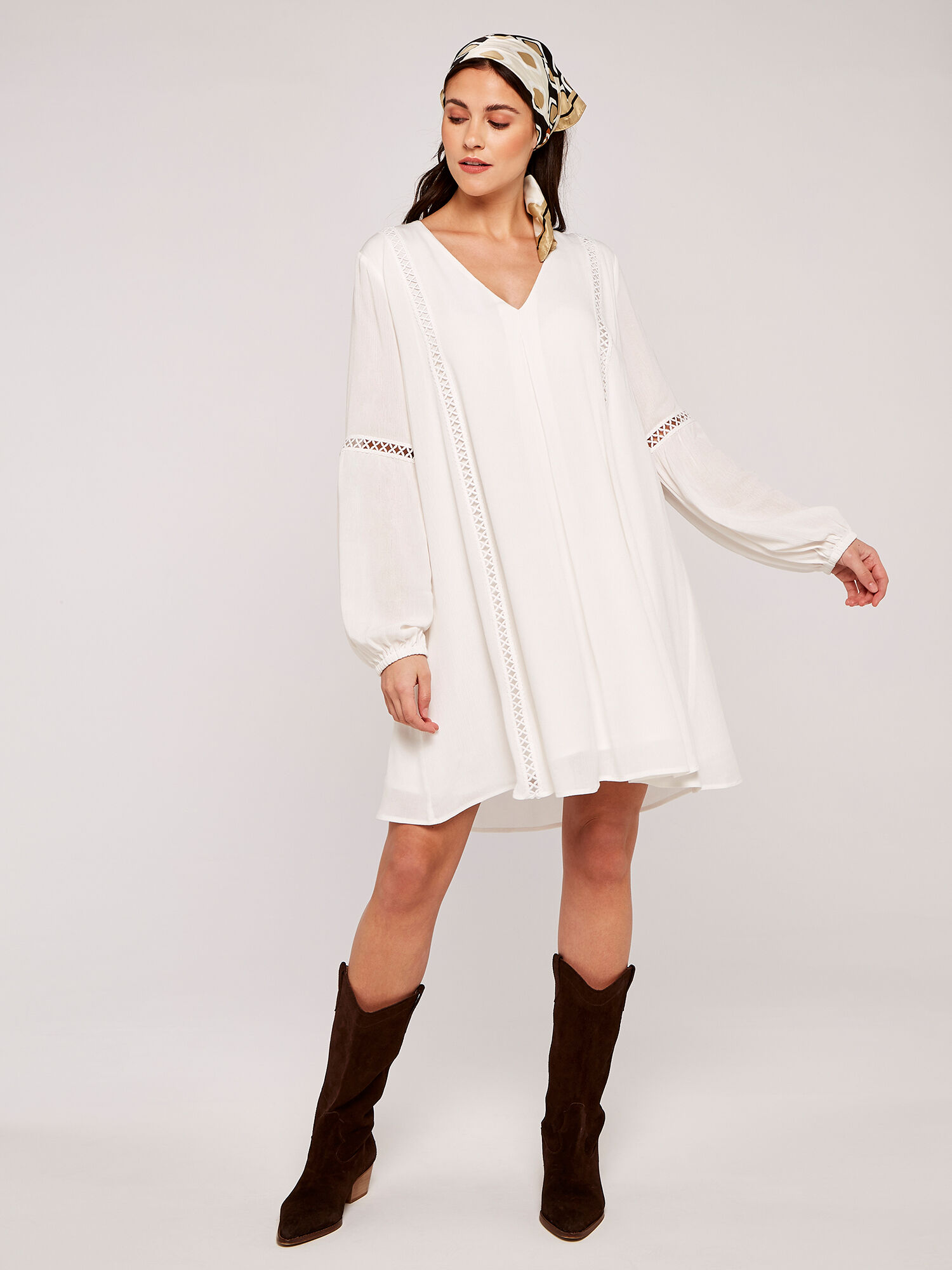 Lace up back store embroidered smock dress