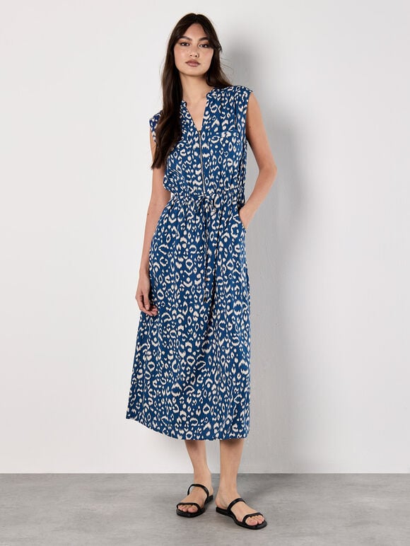 Animal Print Cotton Midi Dress, Blue, large