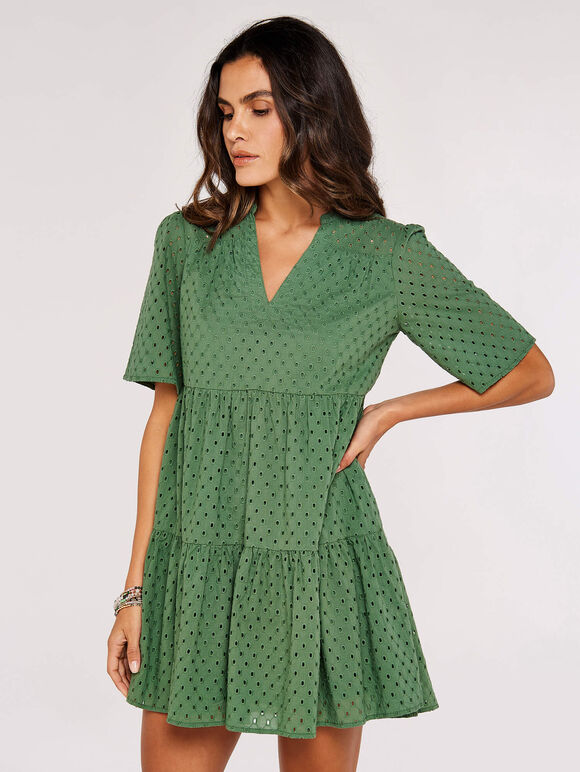 Broderie Anglaise Mini Dress, Khaki, large