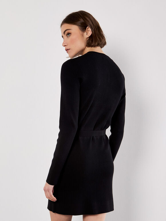 Ribbed Knit Button-Down Mini Dress, Black, large