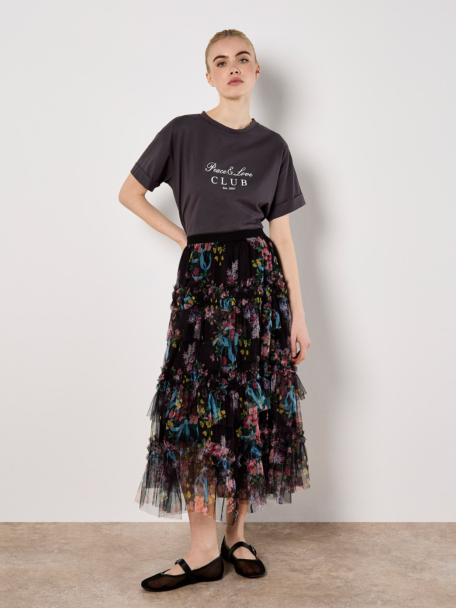 Floral Tiered Tulle Midi Skirt | Apricot Clothing