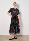 Floral Tiered Tulle Midi Skirt, Black, large